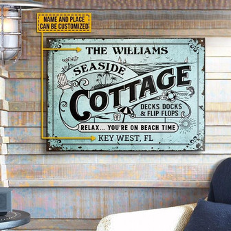 Metal Sign- Beach Cottage Relax Blue Rectangle Metal Sign Custom Name Place - Thegiftio UK