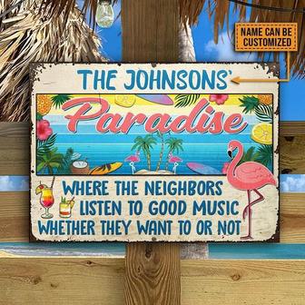 Metal Sign- Beach Flamingo Paradise Good Music Beach House Bar Cute Rectangle Metal Sign Custom Name - Thegiftio UK