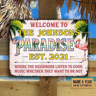 Metal Sign- Beach Flamingo Welcome To Paradise Beach Scene Pink Rectangle Metal Sign Custom Name Year - Thegiftio UK