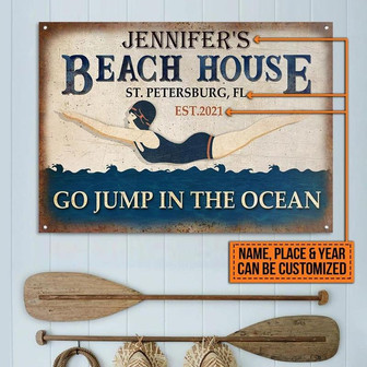 Metal Sign- Beach Girl Go Jump Custom Name Place Year Rectangle Metal Sign Blue Theme - Thegiftio UK