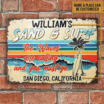 Metal Sign- Beach Surfing The Waves Are Calling Colorful Rectangle Metal Sign Custom Name Place - Thegiftio UK