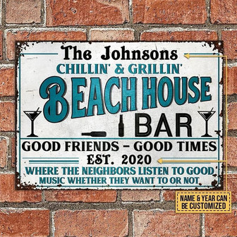 Metal Sign- Beachouse Bar Rectangle Metal Sign Custom Name Blue And Black Design - Thegiftio UK