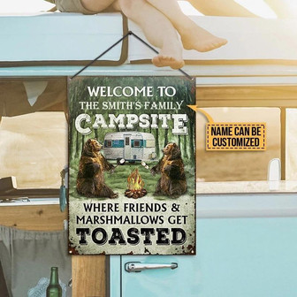 Metal Sign- Bear And Friend Camping Welcome To Campfire Rectangle Metal Sign Custom Name - Thegiftio UK