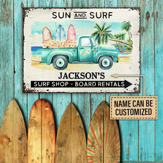 Metal Sign- Beautiful Design Surfing Sun And Surf Rectangle Metal Sign Custom Name - Thegiftio UK