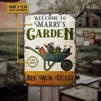 Metal Sign- Bee Gardening Bee Our Guest White Cute Rectangle Metal Sign Custom Name Year - Thegiftio UK