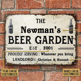 Metal Sign- Beer Garden Proudly Serving White Rectangle Metal Sign Custom Name Year - Thegiftio