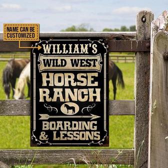 Metal Sign- Black Background Horse Ranch Wild West Boarding And Lessons Rectangle Metal Sign Custom Name - Thegiftio UK