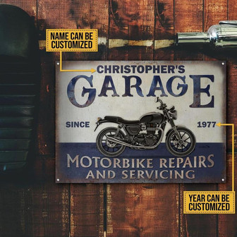 Metal Sign- Black Motorcycling Garage Repairs Blue Rectangle Metal Sign Custom Name Year - Thegiftio UK