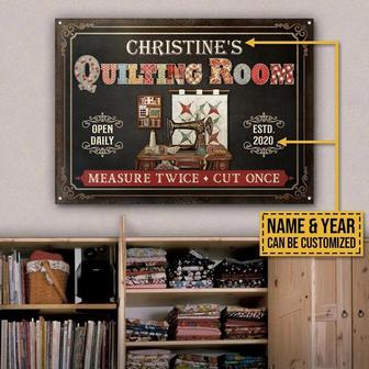 Metal Sign- Black Theme Quilting Room Measure Twice Cut Once Custom Name Year Rectangle Metal Sign - Thegiftio UK