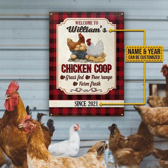 Metal Sign- Black And Red Checked Chicken Coop Welcome Flannel Rectangle Metal Sign Custom Name Year - Thegiftio UK