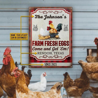 Metal Sign- Black And Red Checked Chicken Fresh Eggs Flannel Rectangle Metal Sign Custom Name Year - Thegiftio UK