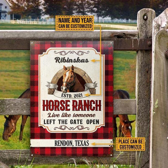 Metal Sign- Black And Red Checked Horse Ranch Rectangle Metal Sign Custom Name Year Place - Thegiftio UK