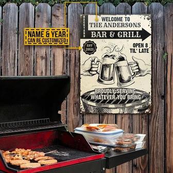 Metal Sign- Black And White Hand Drawn Bar And Grill Rectangle Metal Sign Custom Name Year - Thegiftio UK