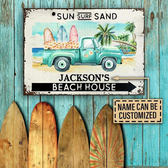 Metal Sign- Blue Car Beach Sun Surf Sand Cute Rectangle Metal Sign Custom Name - Thegiftio