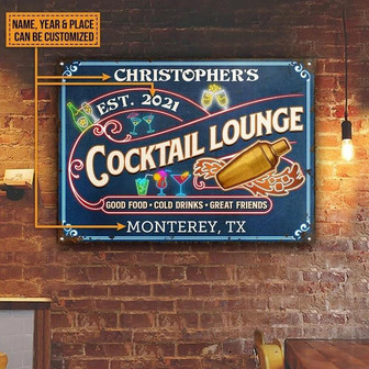 Metal Sign- Blue Theme Cocktail Lounge Great Friends Neon Rectangle Metal Sign Custom Name Year Place - Thegiftio UK