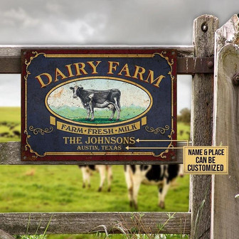 Metal Sign- Blue Theme Cow Dairy Farm Fresh Milk Custom Name Place Rectangle Metal Sign - Thegiftio UK