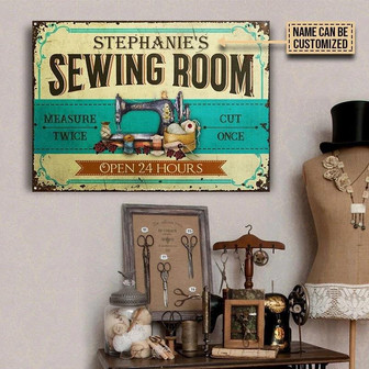 Metal Sign- Blue Design Vintage Sewing Room Rectangle Metal Sign Custom Name - Thegiftio