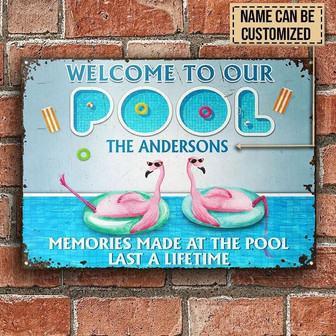 Metal Sign- Blue Theme Flamingo Swimming Pool Last A Lifetime Rectangle Metal Sign Custom Name - Thegiftio UK