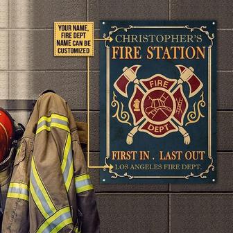 Metal Sign- Blue Background Firefighter Vertical Fire Station Custom Name Fire Dept Rectangle Metal Sign - Thegiftio UK
