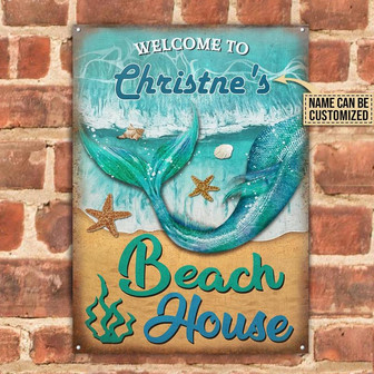 Metal Sign- Blue Mermaid Tail Welcome To Beach House Rectangle Metal Sign Custom Name - Thegiftio UK