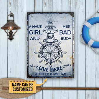 Metal Sign- Blue Pattern Sailor Her Bad Buoy Live Here Rectangle Metal Sign Custom Name - Thegiftio UK