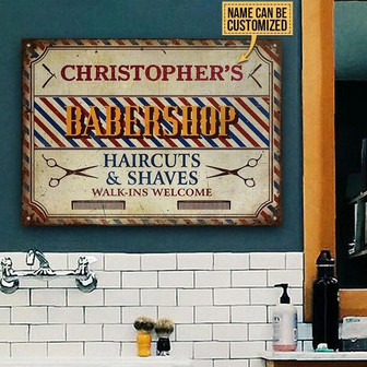 Metal Sign- Blue And Red Barbershop Walk-ins Welcome Rectangle Metal Sign Custom Name - Thegiftio UK