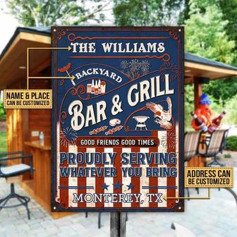 Metal Sign- Blue And Red Stars Stripes Grilling Proudly Rectangle Metal Sign Custom Name Place Address - Thegiftio UK