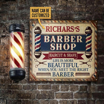 Metal Sign- Blue And Red Stripes Barber Meet The Right Barber Rectangle Metal Sign Custom Name - Thegiftio UK