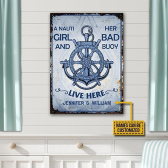 Metal Sign- Blue Theme Sailor Nauti Live Here Rectangle Metal Sign Custom Name - Thegiftio UK