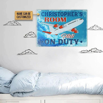 Metal Sign- Blue Sky Pilot On Duty Rectangle Metal Sign Custom Name - Thegiftio UK