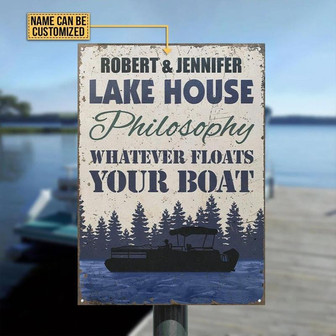 Metal Sign- Blue Water Pontoon Whatever Float Custom Name Rectangle Metal Sign - Thegiftio