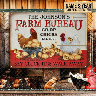 Metal Sign- Brown And White Chicken Farm Bureau Rectangle Metal Sign Custom Name Year - Thegiftio