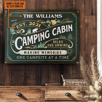 Metal Sign- Camping Cabin Memories Green Rectangle Metal Sign Custom Name Year - Thegiftio UK