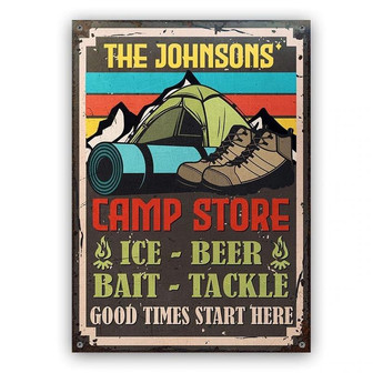 Metal Sign- Camping Camp Store Good Times Start Rectangle Metal Sign Custom Name - Thegiftio