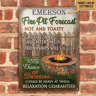 Metal Sign- Camping Fire Pit Forecast Wood Fence Rectangle Metal Sign Custom Name - Thegiftio UK