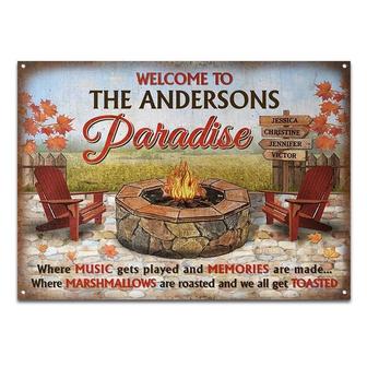 Metal Sign- Camping Fire Pit Welcome To Our Paradise Rectangle Metal Sign Custom Name - Thegiftio UK