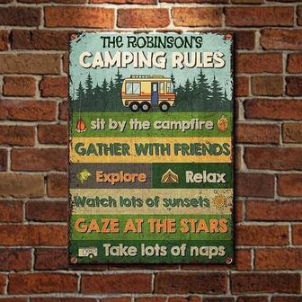 Metal Sign- Camping Rules Sit By The Campfire Cool Design Rectangle Metal Sign Custom Name - Thegiftio UK