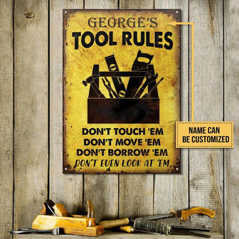 Metal Sign- Carpenter Tool Rules Yellow Rectangle Metal Sign Custom Name - Thegiftio