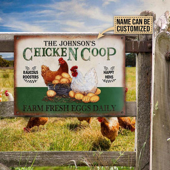 Metal Sign- Chicken Coop Green Rectangle Metal Sign Custom Name Happy Hens - Thegiftio