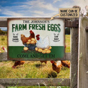 Metal Sign- Chicken Farm Fresh Eggs Green Rectangle Metal Sign Custom Name - Thegiftio UK