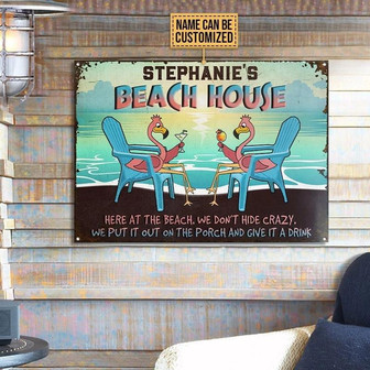Metal Sign- Chill On The Beach Flamingo Give It A Drink Custom Name Rectangle Metal Sign - Thegiftio UK