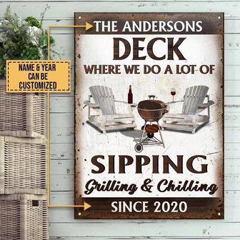 Metal Sign- Chilling Time Deck Sipping Grilling Custom Name Year Rectangle Metal Sign - Thegiftio UK