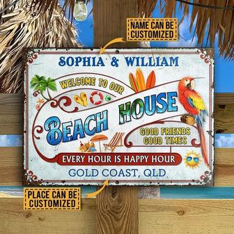 Metal Sign- Colorful Parrot Beach Surfing House Custom Name And Place Rectangle Metal Sign - Thegiftio UK