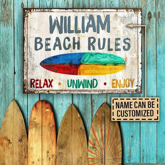 Metal Sign- Colorful Surfing Beach Rules Relax Unwind Enjoy Custom Name Rectangle Metal Sign - Thegiftio