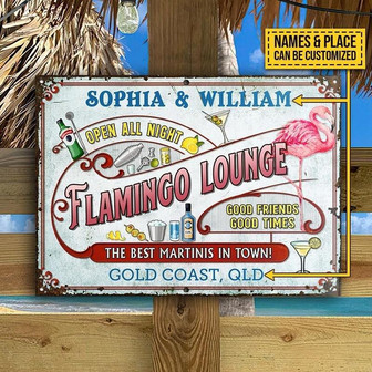 Metal Sign- Cool Flamingo Beach Open All Night Rectangle Metal Sign Custom Name Place - Thegiftio UK