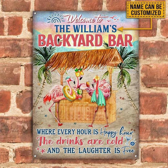 Metal Sign- Cool Flamingo Backyard Bar Happy Hour Rectangle Metal Sign Custom Name - Thegiftio