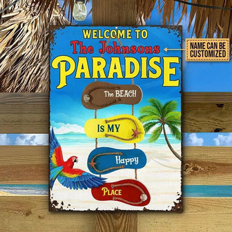 Metal Sign- Cute Beach House Flipflops Paradise Rectangle Metal Sign Custom Name - Thegiftio UK