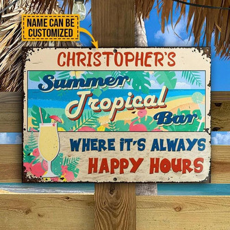 Metal Sign- Cute Beach Summer Tropical Bar Happy Hours Rectangle Metal Sign Custom Name - Thegiftio UK