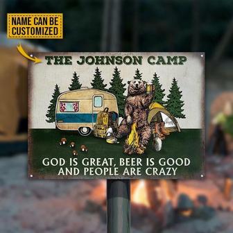 Metal Sign- Cute Bear Camping God Is Great Rectangle Metal Sign Custom Name - Thegiftio UK