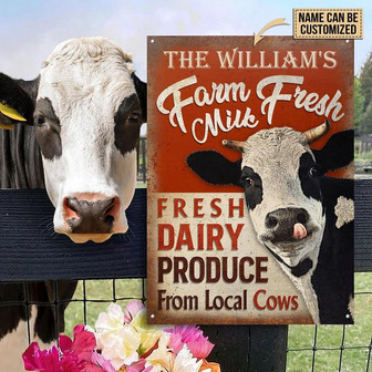 Metal Sign- Cute Cattle Farm Fresh Milk Fresh Daily Red Rectangle Metal Sign Custom Name - Thegiftio UK